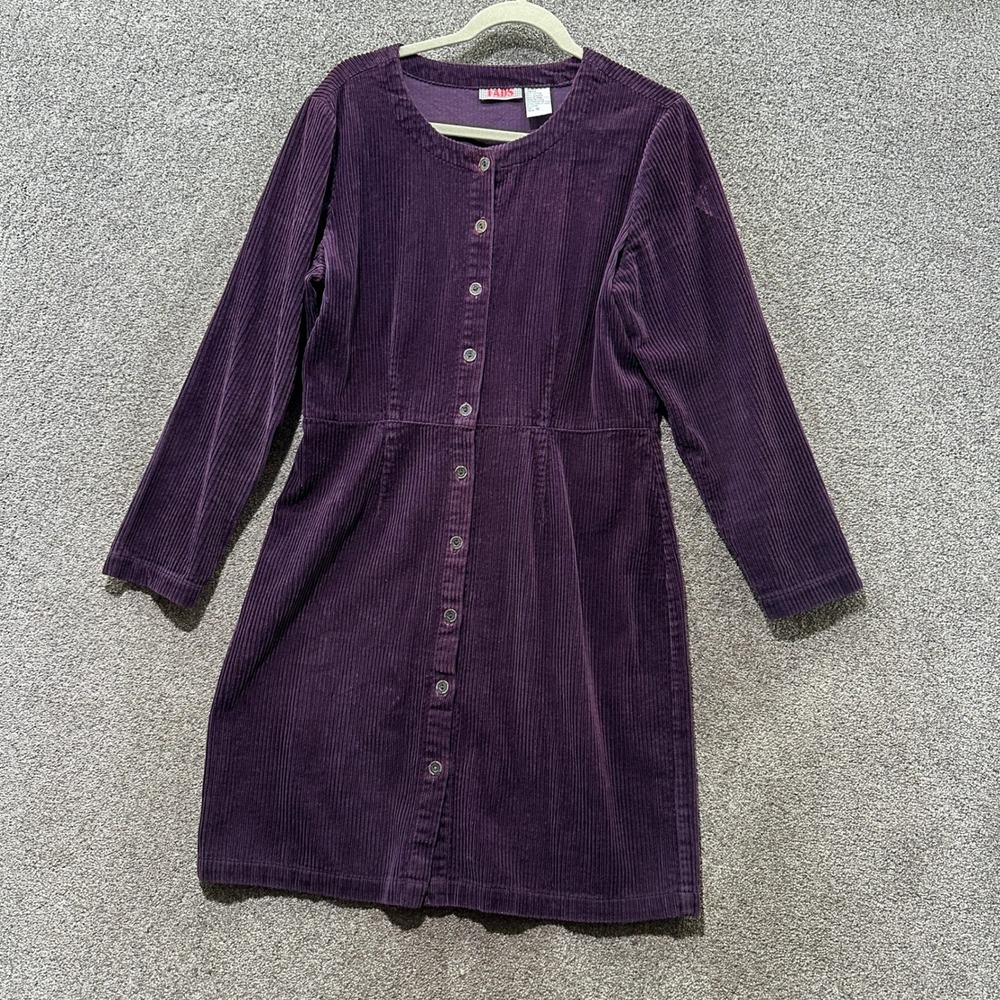 VTG Fads Purple Corduroy Button Front Long Sleeve Dress Women Size 10 Cinch